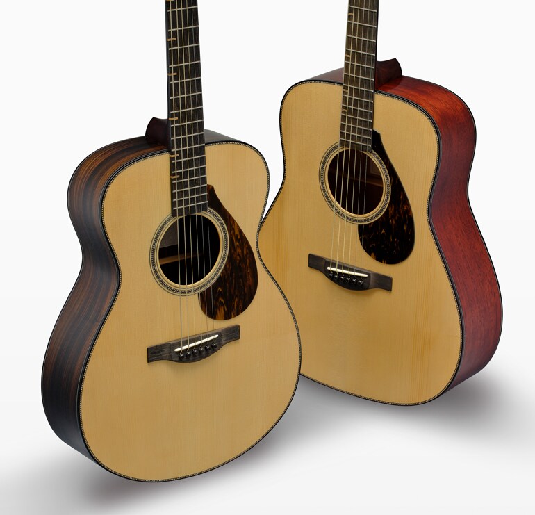 The FS9 R guitar and FG9 M guitar are pictured upright, at an angle to each other on a white background. The FS9 R is in front, showing its smaller concert-style body and darker rosewood back and sides against the larger dreadnought-style body and lighter