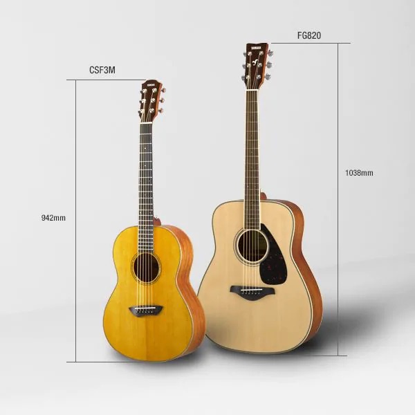 Size comparison between the CSF series guitar next to a larger guitar.