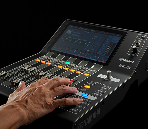 Close-up view of Yamaha Digital Mixing Console DM3 showing accurate control of monitor levels