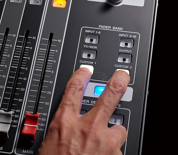 Close-up view of Yamaha Digital Mixing Console DM3 which are bundled with downloadable Cubase AI software from Steinberg