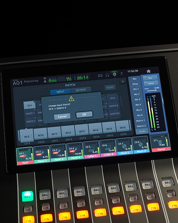 Close-up view of Yamaha Digital Mixing Console DM3 for flexible patch settings