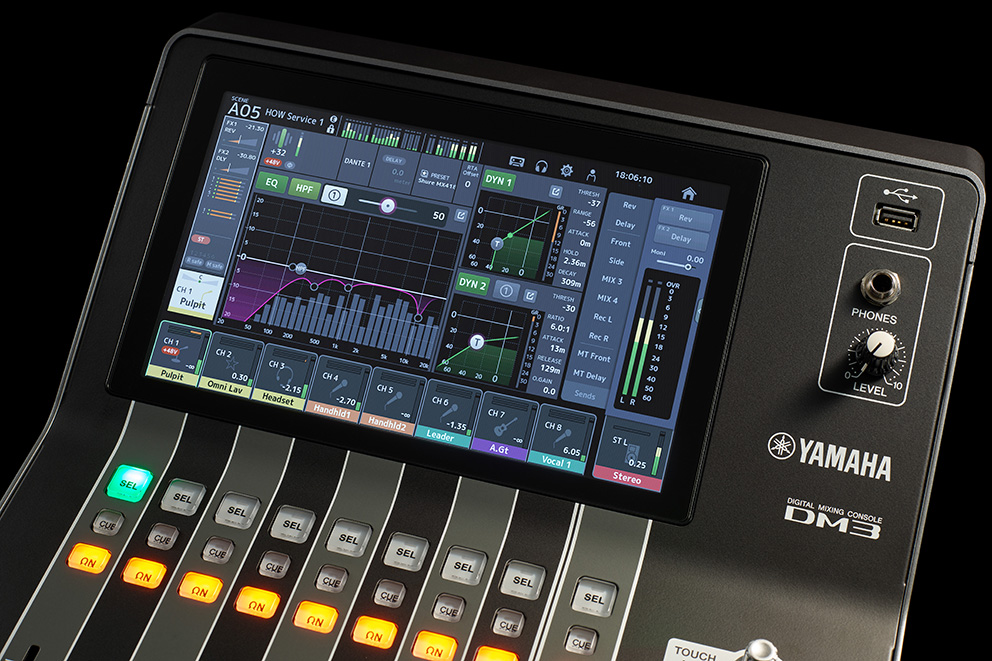 Close-up view of Yamaha Digital Mixing Console DM3 to show the effects to enhance the creativity of sound engineers
