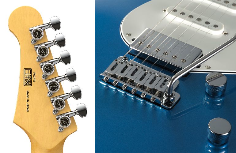Professional Close-ups: Gotoh locking tuners on back of headstock and Gotoh two-point tremelo