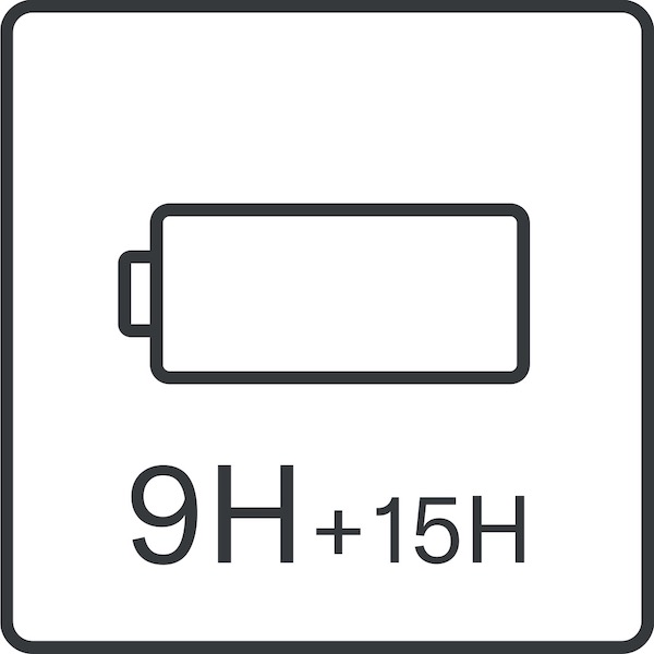 Icon of a battery and the text 9H + 15H below.
