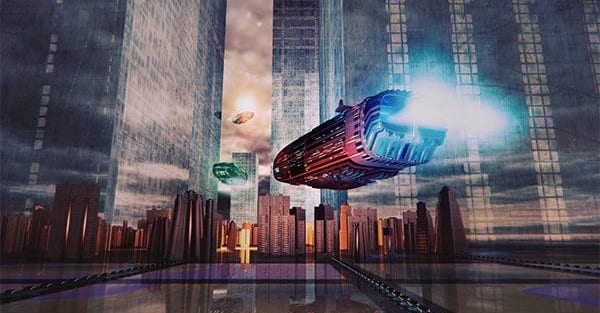 Futuristic image of flying vehicles in a city.