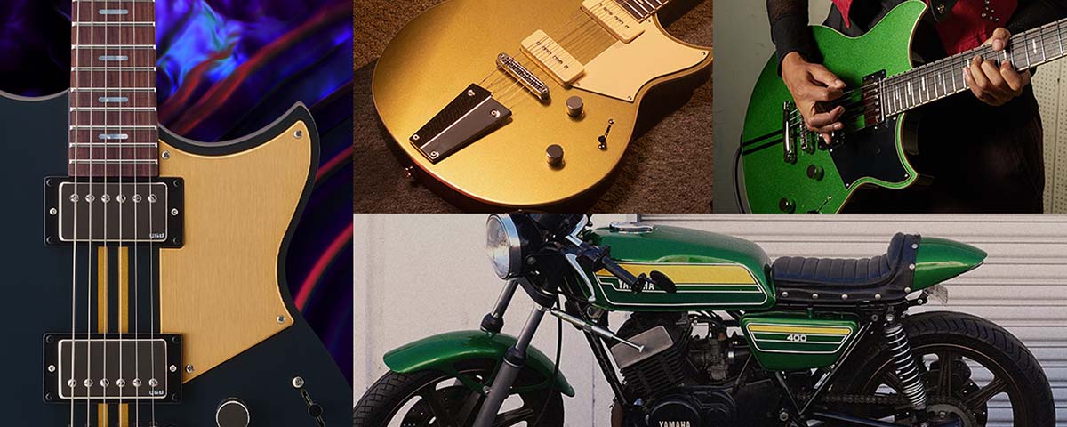 Images of revstar guitars and a Yamaha motorcycle.