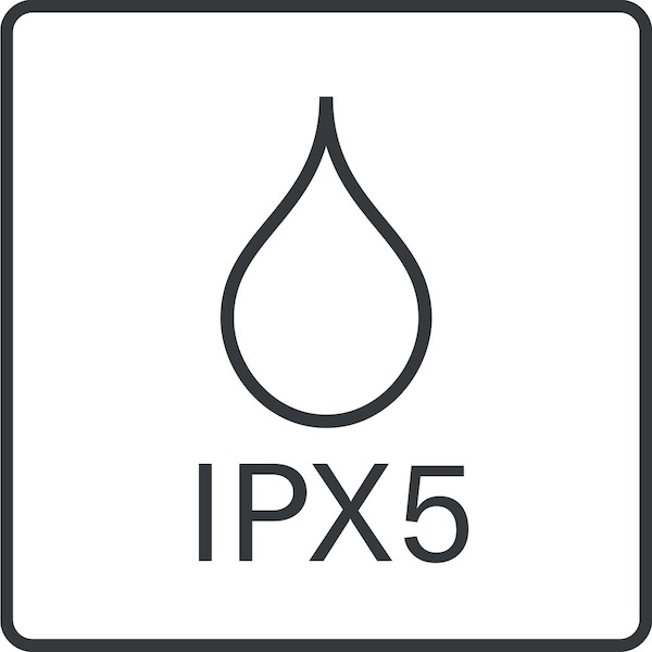 Icon of a waterdrop and the text IPX5 below.