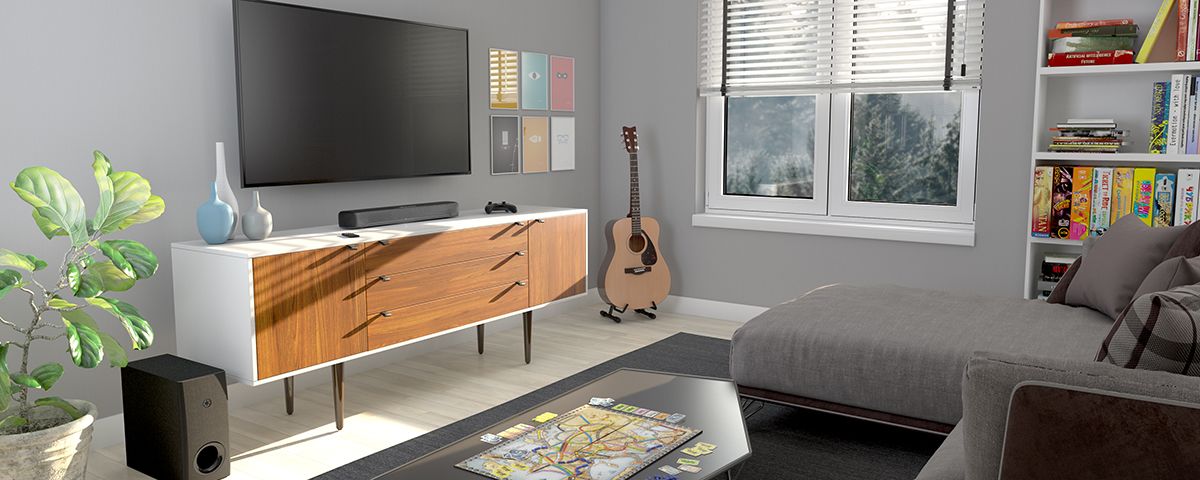 SR-C30A sound bar placed on an entertainment console in a living room.